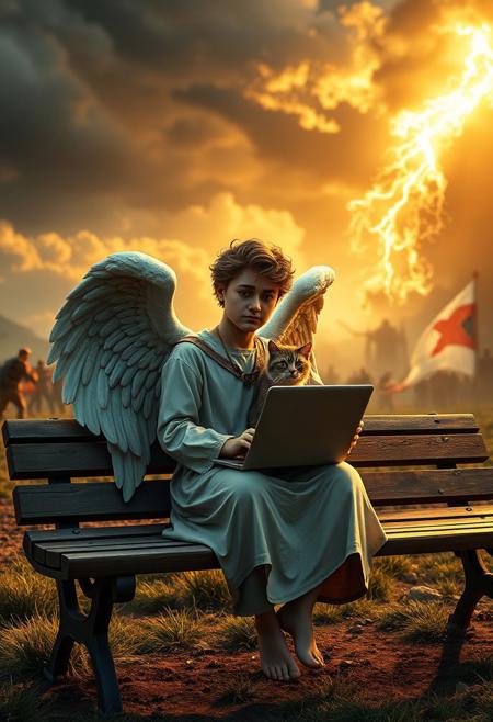 Angel sitting on bench  The angel has a disappointed but content expression, he got a laptop on his lap and a cat cuddled on his shoulder. (((In the Background, The final battle between Light and Darkness rages on the ground and in the heavens.))) Photo-realism, sun rays, dynamic volumetric shadows, 4k UHD, perfect details, Accurate representation