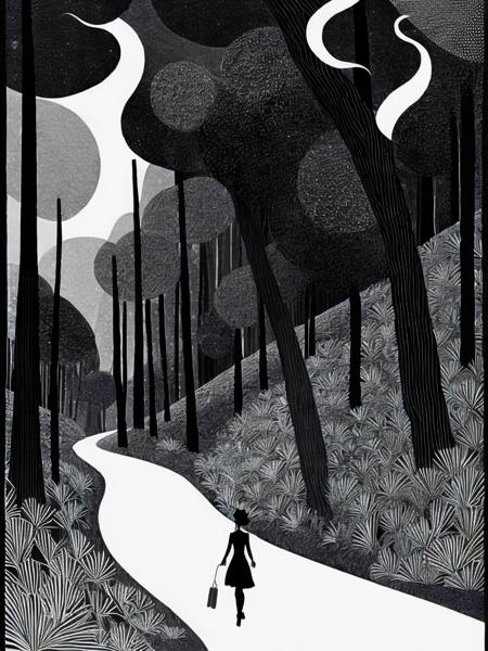 <lora:LotteReiniger:1>a black and white illustration of a woman walking through a forest with an octopus in the background by Lotte Reiniger