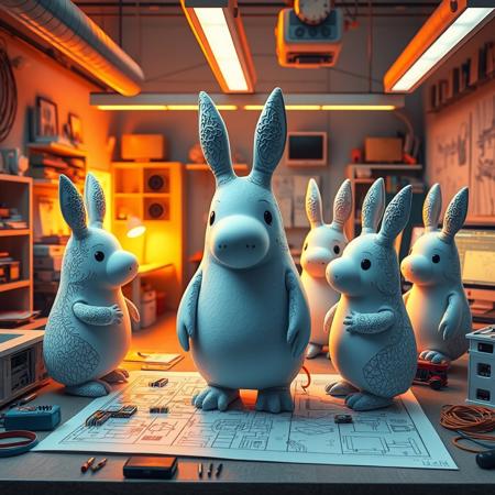 moomin, artistic, masterpiece, design space, office, electronics, circuit, eight moomins, very detailed, abstract objects, well organized space, warm lighting, vibrant colors, blueprint, discussion, design plans, technical drawings, positive vibe,