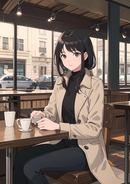 (masterpiece, best quality), 1girl, brown overcoat, mature woman, black hair, sitting in a cafe