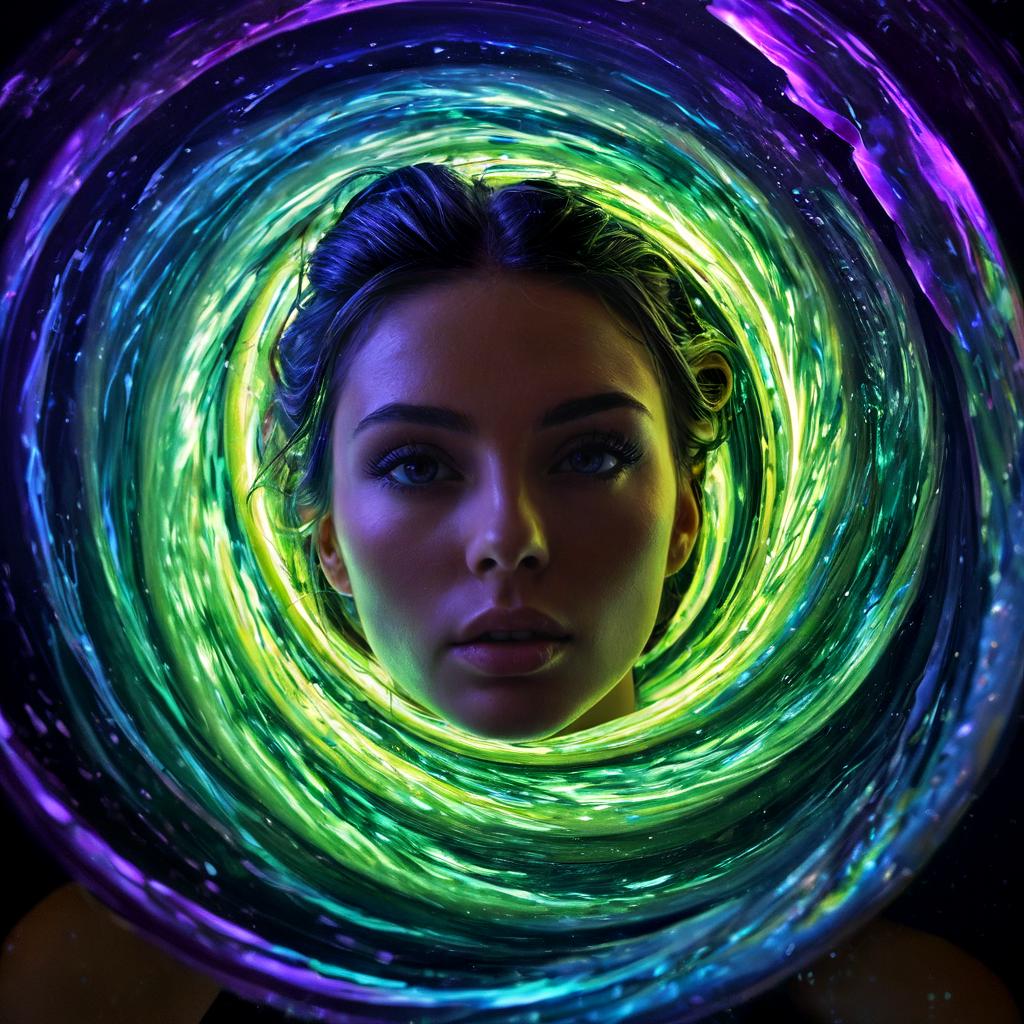 long shot scenic professional photograph of A hyperrealistic portrait of a woman whose head is a swirling vortex of glowing liquid, her features being sucked into the center of the vortex. The liquid glows in vibrant colorsâdeep purples, radiant blues, and neon greensâmixing and spiraling into impossible shapes. Her eyes are still visible, caught in the swirl, staring outward in calm defiance as the vortex pulls the rest of her face into oblivion. Her body is covered in intricate tattoos that constantly shift and move, as if alive. Behind her is a surreal sky full of floating, glowing whirlpools, each one dragging in fragments of reality., perfect viewpoint, highly detailed, wide-angle lens, hyper realistic, with dramatic sky, polarizing filter, natural lighting, vivid colors, everything in sharp focus, HDR, UHD, 64K