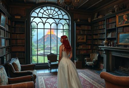 An old style 1800's library with old furniture, a large amount of books on shelves with an assortment of artifacts on shelves, some paintings on the wall, and a lit fireplace. There is a large wall sized window looking out into a beautiful garden with an erupting volcano background, the lava is almost to the window. In the middle of the room, a single red haired, green eyed woman in a white wedding dress is looking out the window crying.