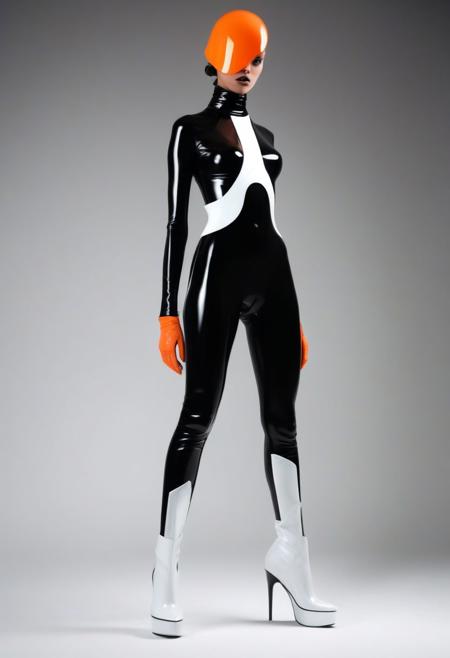 The image depicts an abstract, futuristic figure from the waist down, showcasing a high-contrast, glossy design. Here are some detailed observations:
Color Scheme: The figure is primarily dressed in black and white, with high-gloss, reflective surfaces that emphasize its form and contours. There is a striking use of orange in the upper garment.
Material: The outfit appears to be made of a material similar to latex or patent leather, contributing to the glossy and sleek appearance.
Design Elements:
The black portion covers the majority of the legs and lower torso, with strategic white accents at the ankles, calves, and possibly the feet, giving a dynamic and stylish look.
The orange upper garment adds a bold contrast to the black and white lower portion, suggesting a modern or futuristic fashion aesthetic.
Footwear: The figure is wearing high-heeled shoes or boots that are also glossy and fit seamlessly with the overall high-fashion, futuristic theme.
Overall, the image portrays a stylish and avant-garde fashion design, emphasizing bold contrasts and sleek materials. The figure's stance and the reflective surfaces create a striking visual impact.