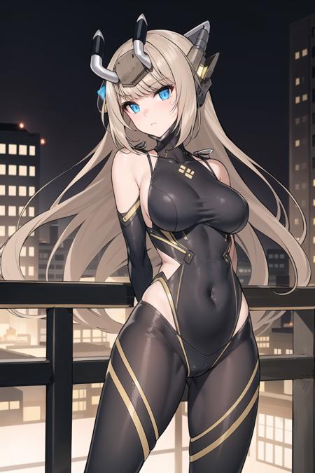 1girl,masterclass,best quality, illustration, solo, long hair, brown hair, blue eyes, mecha_musume, mecha girl, headgear, horns, arms behind back, city, reflection, buildings, night, lights, high up, rooftop, railing, lights in the sky, lights lighting up the night sky, hexagon, hexagon_print, body suit, <lora:E1_anything_model:0.65>