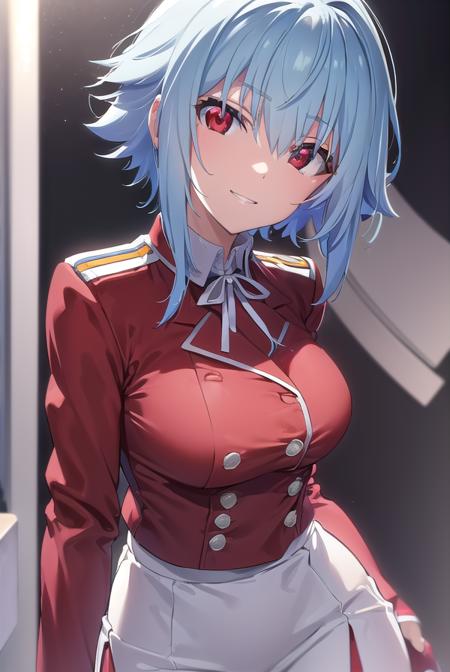 tatenashisarashiki, <lora:tatenashi sarashiki s2-lora-nochekaiser:1>,
tatenashi sarashiki, short hair, blue hair, (red eyes:1.3), smile, grin,
BREAK school uniform, ribbon, blue ribbon, long sleeves, (red trim:1.2), uniform, military uniform, (white military uniform:1.5),
BREAK indoors, classroom,
BREAK looking at viewer, (cowboy shot:1.5),
BREAK <lyco:GoodHands-beta2:1>, (masterpiece:1.2), best quality, high resolution, unity 8k wallpaper, (illustration:0.8), (beautiful detailed eyes:1.6), extremely detailed face, perfect lighting, extremely detailed CG, (perfect hands, perfect anatomy),