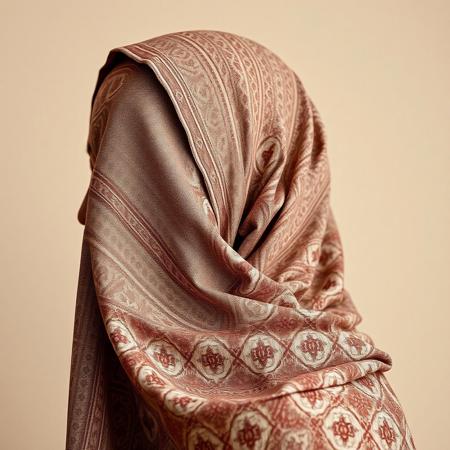 A closeup side portrait photo of a person completely covered by an indian pattern burqa sheets, low contrast, minimal artistic photo, posing in front of a light beige background, high details, completely hidden face