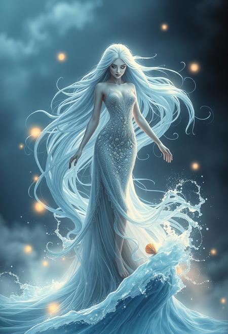 A majestic water goddess standing gracefully on a glowing wave, ethereal long flowing hair made of liquid silver, shimmering ocean-blue eyes, wearing an elegant dress made of flowing water and seashells, surrounded by glowing orbs and mist