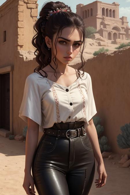 (SouthOfTheBorderSD15:0.5) senorita western (RPG character:1.2) painting brunette hair upsweep updo button shirt poncho leather pants (straps buckles:1.2) dress outdoors desert ruins (masterpiece:1.4) (best quality:1.4) (8k) (HDR) (wallpaper) (cinematic lighting) (sharp focus) (intricate) (GloriaNobodySD15:0.7)