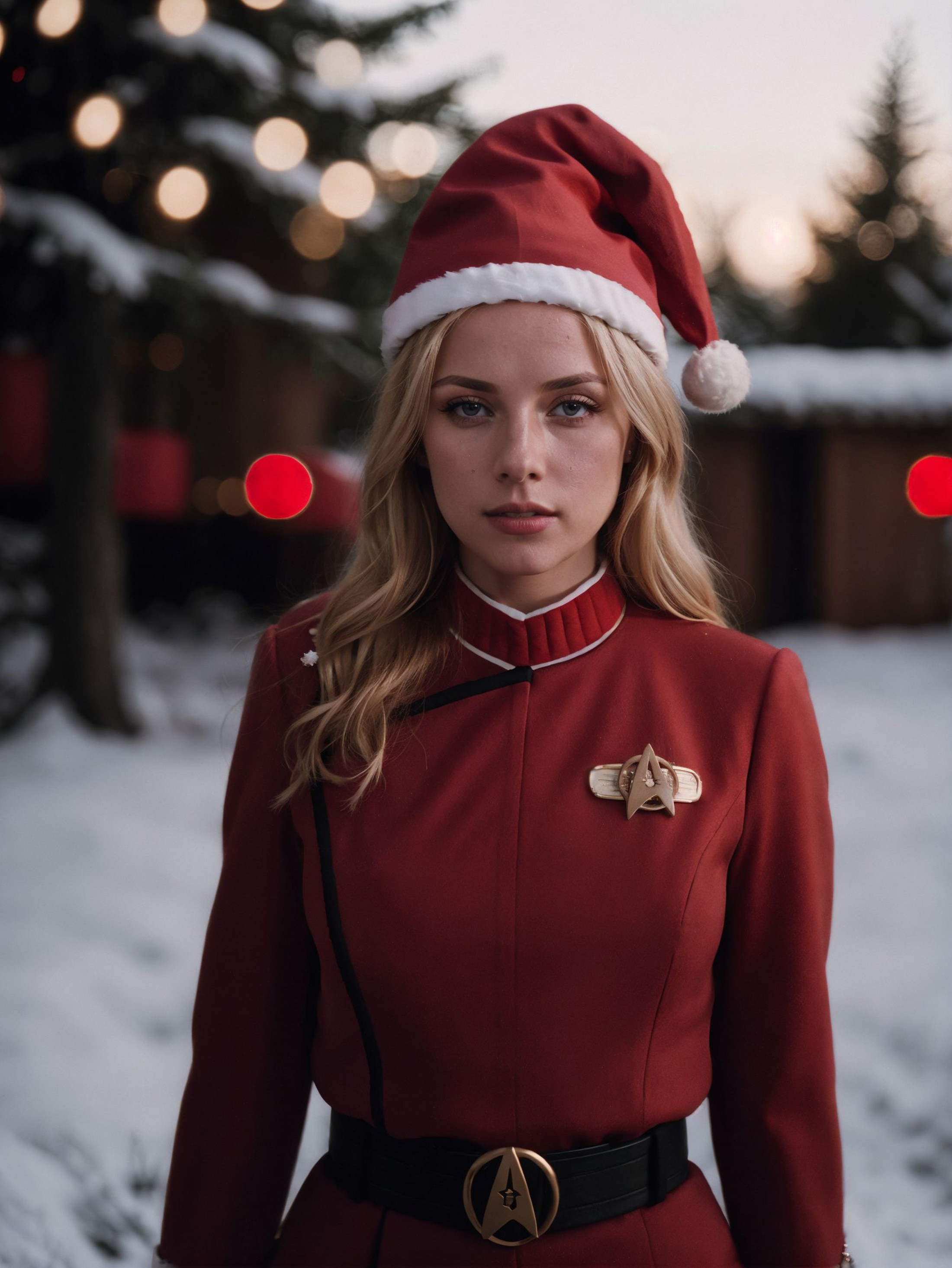 beautiful blond woman in twokunf red uniform,santa hat,professional photograph of a stunning woman detailed, sharp focus, ...