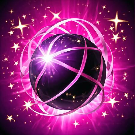 Black to purpure gradient background, NO HUMAN, purpure magic tranparate sphere wrapped in wide pink silk ribbons, lightning centered, close-up, stars, magic, casting spell
