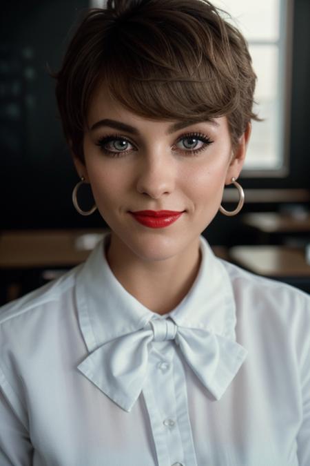 photo of a woman, <lora:michellejohnson-03:0.5>, michellejohnson, ((shirt, pixie cut, bowtie):1.1), ((closeup, portrait)),((classroom, chalkboard)), ((red lipstick, makeup)), (smile), ((best quality, masterpiece, extreme details, high resolution):1.2),((detailed eyes, beautiful eyes, detailed face, beautiful face):1.2) ,(modern photo), 24mm, (analog, cinematic, film grain:1.3), (gritty:1.1), detailed eyes, (epicphoto), (looking at viewer), earrings, (eyeliner, eyelashes)