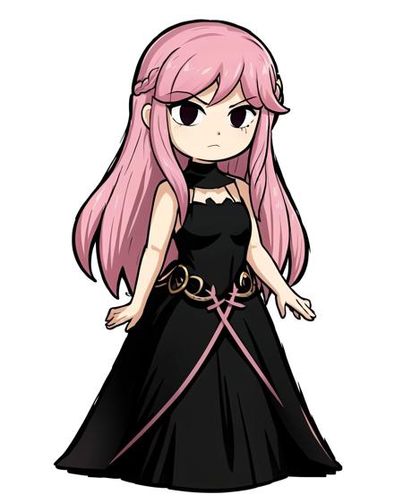 pink hair, long hair, black eyes, serious, black dress, strapless dress, short dress, sleeveless, <lora:WindWaker:0.7>, chibi, white background