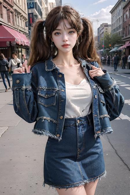 Common,denim jacket,jewelry,denim skirt,denim,earrings,blue jacket,blue skirt,sleeves past wrists,long sleeves,white shirt,necklace