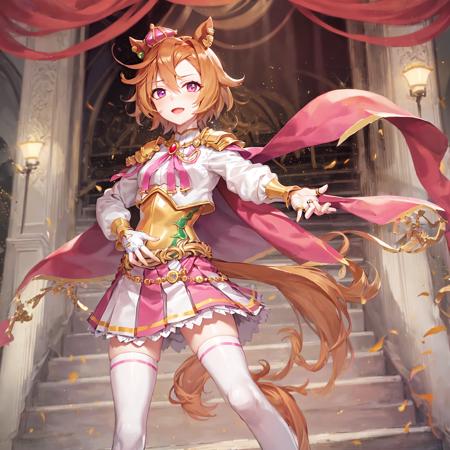 masterpiece, best quality, 
t.m. opera o \(umamusume\), 
ballroom, stage curtains, stage lights, from below,
full body, standing, reaching, outstretched arm, hand on own chest, open mouth,
mini crown, ear piercing, white shirt, shoulder armor, pink cape, puffy sleeves, long sleeves, jewelry, fingerless gloves, single glove, white gloves, multiple rings, corset, white skirt, pink skirt, two-tone skirt, pleated skirt, white thighhighs, zettai ryouiki, high heel boots, yellow footwear
<lora:t.m._opera_o_loha:0.7>