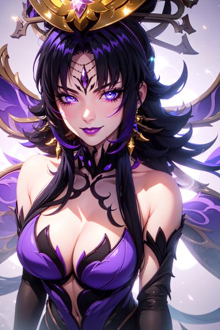 (purple phantylia),
(masterpiece, best quality, ultra-detailed), (beautiful detailed face, beautiful detailed eyes, volumetric lighting),
1girl, solo, cowboy shot, 
evil smile, hand on own cheek, 
black hair, very long hair, blue eyes, purple dress, 
(beautiful detailed background:1.2), (light particles, lens flare, chromatic aberration:1.3),