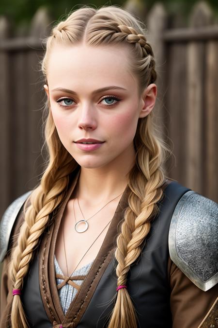 professional portrait photograph of (fr1d4gus:0.99), wearing a medieval viking attire, beautiful face, (braided hair), shield maiden, ((standing outside in a medieval town with a wooden fence)), stunning natural environment, ultra realistic, concept art, realistic, highly detailed, intricate, sharp focus, depth of field, f/1. 8, 85mm, medium shot, mid shot, (centered image composition), (professionally color graded), ((bright soft diffused light)), volumetric fog, trending on instagram, trending on tumblr, hdr 4k, 8k, (closeup), (holding a spear)