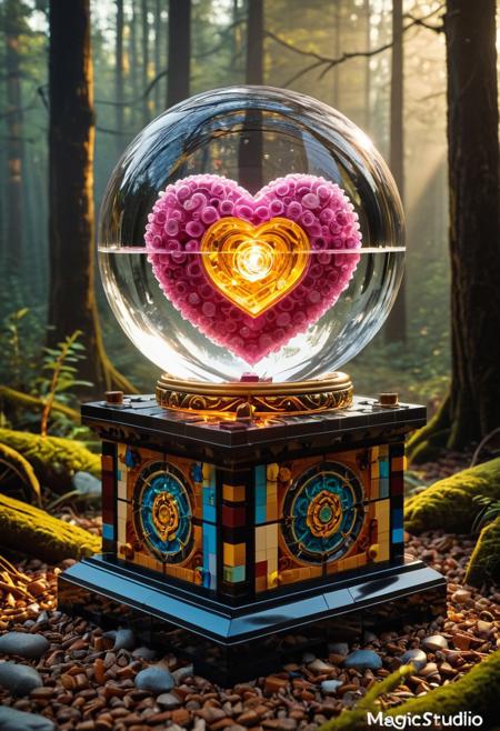 LEGO, (masterpiece, best quality, highres:1.2), (photorealistic:1.2), (intricate and beautiful:1.2), (detailed light:1.2), (colorful, dynamic angle),
A hyper-realistic close-up of a crystal ball, resting on a weathered blackened  LEGO pedestal, pedestal made of liquid marble, pedestal is carved with intricate runes, runes glowing faintly in amber, detailed,
BREAK inside the crystal ball, a floating pink heart made of LEGO, electricity appears to shock the heart from the edges of the crystal ball, with subtle flickers of light illuminating the swirling smoke patterns,
BREAK 1girl, mage, wearing an intricately detailed robe, v-neck robe, no bra, small breasts, holding hands over crystal ball, 
BREAK Background, Dramatic lighting, rolling fog, intense highlights, deep shadowy contrasts, creating a powerful, moody atmosphere, Hyperdetailed textures, glowing ember effects, intricate reflections, in a spooky forest, depth of field
Style: Whimsical,
Color Palette: Warm, inviting colors; golden browns, creams, pastel glazes
Lighting: Soft and warm lighting to enhance the coziness
Aesthetic: Fun, charming, and delicious