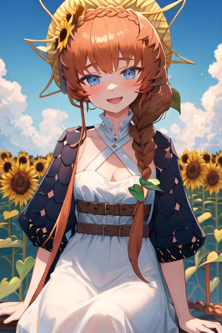 best quality, masterpiece, highres, solo, {van_gogh_fgo:1.15}, braid, long_hair, blue_eyes, bangs, side_braid, hat, orange_hair, crown_braid, smile, brown_hair, flower, sunflower, open_mouth