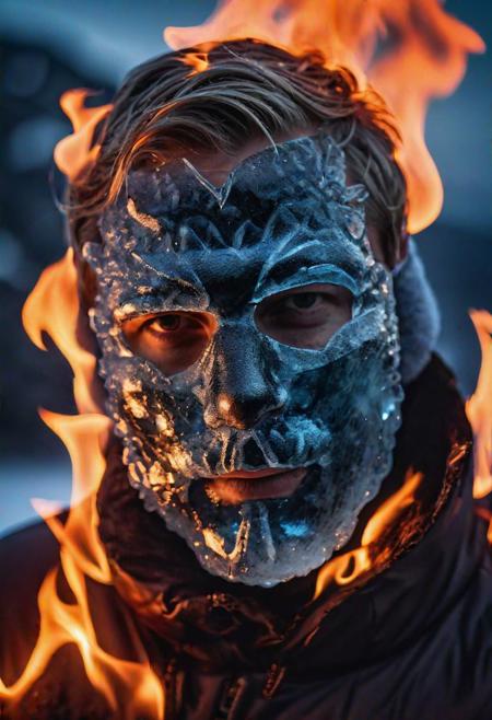 high quality, photo of 30 y.o Scandinavian man, upper body, mask of translucent ice covering half of his face, detailed face, cinematic shot, dramatic lighting, lava and fire in background
