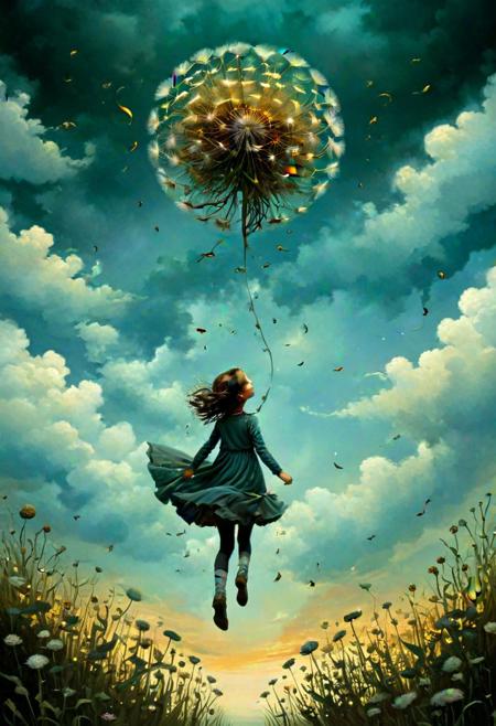 By Andy Kehoe, Greg Rutkowski, Rebecca Sugar style, oil hyperrealistic action painting on canvas, a cute little girl is flying with dandylion seed through the sky, dreamlike, detailed transparent scales iridescence, tender, fairytale, fantasy, dynamic pose, octane render, soft natural volumetric light, atmospheric, sharp focus, centered composition, professional photography, complex background, soft haze, masterpiece,  beautiful, tiny detailed,