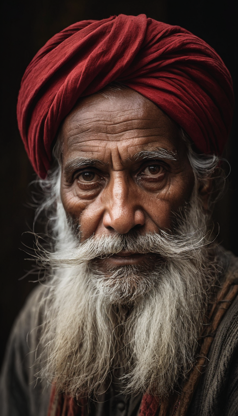 "A portrait of an elder man, (intense eyes:1.3), thick grey beard, red turban, weathered face, (dramatic lighting:1.2), da...