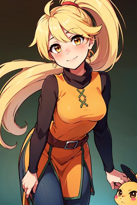 zzYellow, brown eyes, blonde hair, long hair, ponytail, bangs zzYellow, brown eyes, blonde hair, long hair, ponytail, bangs, orange tunic, brown belt, pants