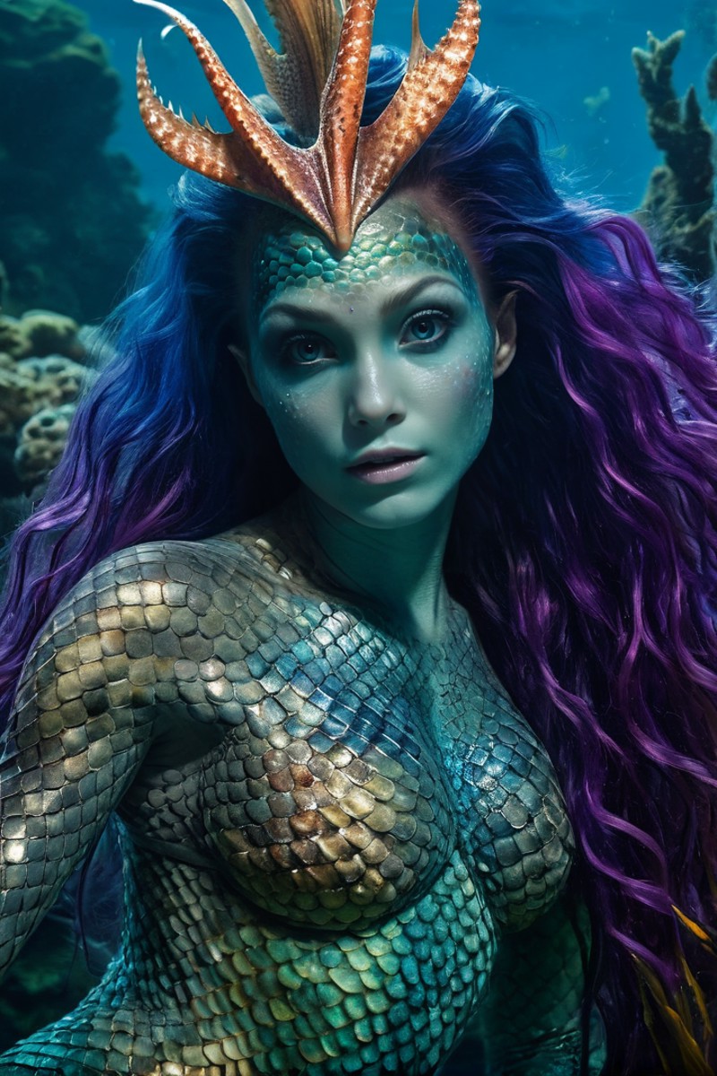 (Colorful, Ultra realistic, Intricate, awesome high resolution photography), (Superb close view of a real Merfolk:1.25) (F...