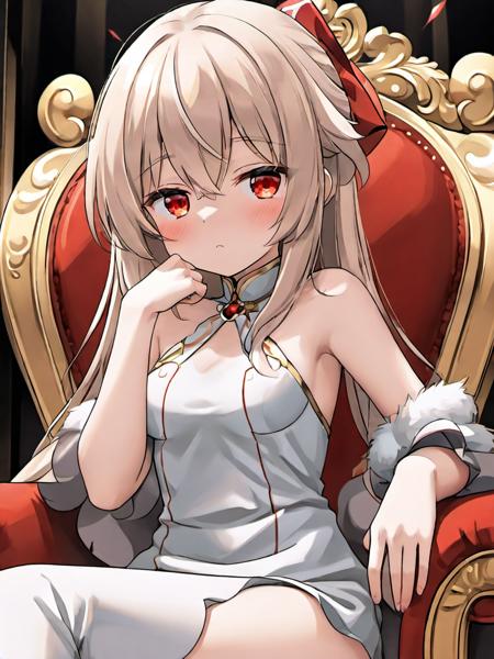 anime,Medium view, girl focus, a girl, sitting sideways on a luxurious chair, hand supporting chin, looking out of the camera, red eyes,