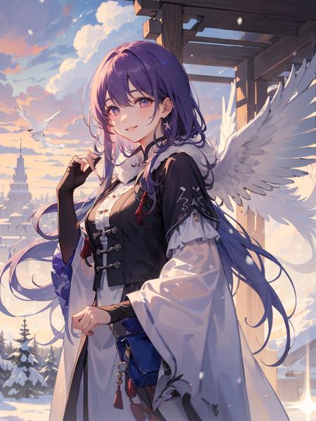 best quality,masterpiece,moqingxian,1girl,breasts,flying snow,snowfield,cloudy sky,building,sunlight,sun,close-up,<lora:moqingxian-000006:1>,smile