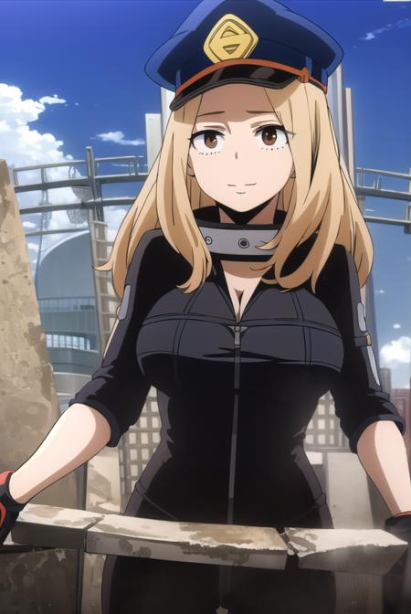 camie utsushimi, long hair, blonde hair, (brown eyes:1.5), hat, cleavage, bodysuit, peaked cap, black bodysuit, open bodysuit,