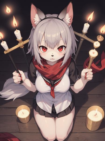 ((masterpiece, best quality)),furry, animal ears, tail, bodyfur, 1girl, bandaged_arm, bandages, bangs, blood, grey_hair, breasts, cuts, hair_between_eyes, injury, looking_at_viewer, medium_breasts, parted_lips, red_eyes, short_hair, solo, stitches, church, multicolored background, from above, candlelight, red scarf, school uniform, candle, candlestand, (black sword)