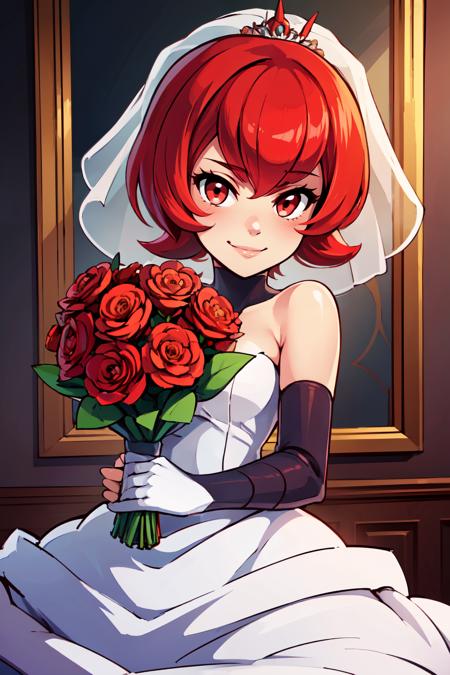 zzMars, red eyes, red hair, short hair, cowlick, zzMars, red eyes, red hair, short hair, cowlick, white dress, black pantyhose