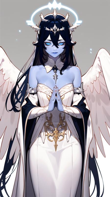 (best quality), ((masterpiece)), (highers), original, extremely detailed CG unity 8k wallpaper,
(white is maincolor:1.5),meture female,lady,
1 girl,cowboy shot, indigo hair, indigo lips,indigo eyeshadow,closed eyes, indigo tear stains,small breasts,angel wings, hood,symmetry,  long hair, halo, dress, own hands together, bare shoulders, white dress, angel wings,  detached sleeves, angel, hair between eyes, closed mouth, feathered wings, bangs, wide sleeves, glowing, long sleeves, jewelry, strapless, strapless dress, detached collar, very long hair, standing, praying, laurel crown, 
 <lora:fat10kg_mix_style:1>