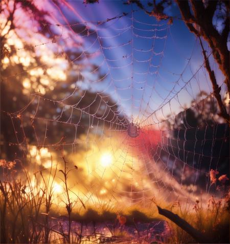 no humans, spider web, sun, sky, fence, scenery, depth of field, nature, sunlight <lora:spiderWeb:0.8>