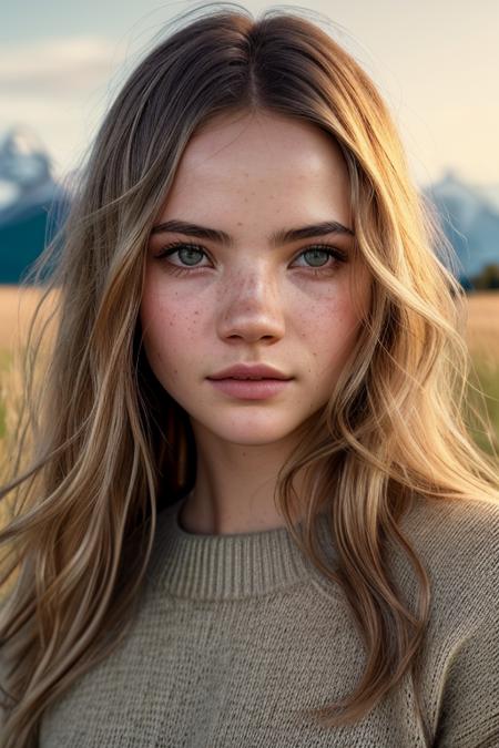 beautiful woman (fr3yaallan:.99), beautiful hair, ((portrait)), (closeup:1.2), ((from the waist up)), posing for a picture ((in a grassy field with mountains in the background:1.2)) , natural skin texture, (wearing a tan sweater:1.2), 24mm, 4k textures, soft cinematic light, adobe lightroom, photolab, hdr, intricate, elegant, highly detailed, sharp focus, ((((cinematic look)))), soothing tones, insane details, intricate details, hyperdetailed, low contrast, soft cinematic light, exposure blend, hdr, now, ("I've got a bad feeling about this.":1.1)