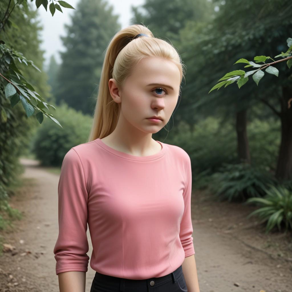 score_9_up, score_8_up, BREAK, (very long pointy nose):1.8, (pointy nose):1.5, 1girl, solo, blonde hair, high ponytail, blue eyes, pink shirt, black pants, cowboy shot,  <lora:PointyNose_PXL_Leaf1:1.2>, outdoors, highly detailed, realistic, ultrarealistic, photography, cyclopsgirl, thinmonobrow, absurdres