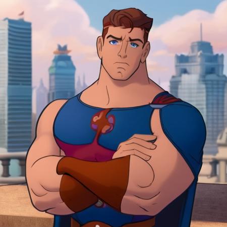 Disney's Hercules,1boy, abs, bara, black hair, blue eyes, bodysuit, cape, closed mouth, crossed arms, large pectorals, male focus, muscular, muscular male, pectoral lift, pectorals, red cape, outdoors, skyscrapers, solo, superhero, upper body , ((masterpiece)) <lora:HerVn_Disney_1997-10:0.8>