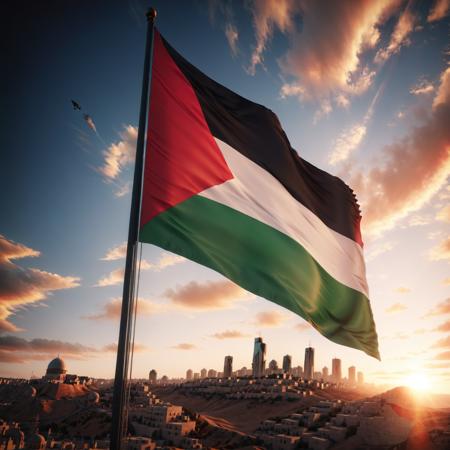 realistic,highres,reality,creative,huge filesize, <lora:PalestineFlagSdxl:1>, Palestine flag flying in the wind with a sunset in the background unreal engine, octane render, trending on artstation, incredible detail