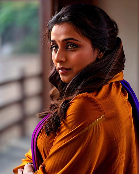 profile photo of a rmuk woman, wearing colorfulKashmiri Pashmina Suit covering chest and breasts, looking at camera, film grain, perfect eyes, beautiful bokeh <lora:rmuk_Rani_Mukerji_local_Adafactor_Local_fp16-000003:1>