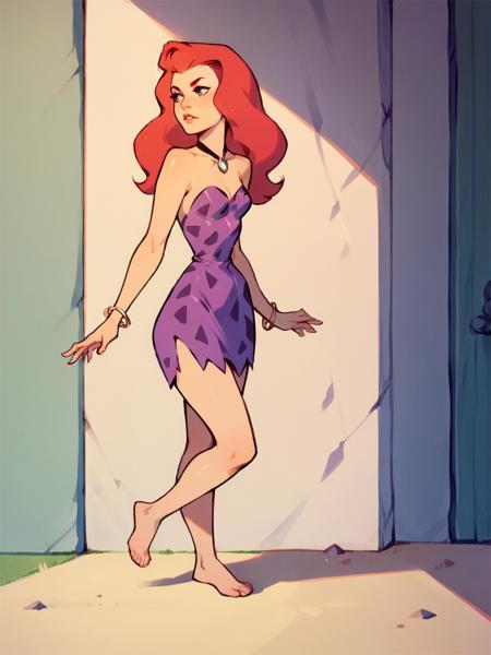 ann margrock, 1girl, red hair, long hair, solo, barefoot, purple dress