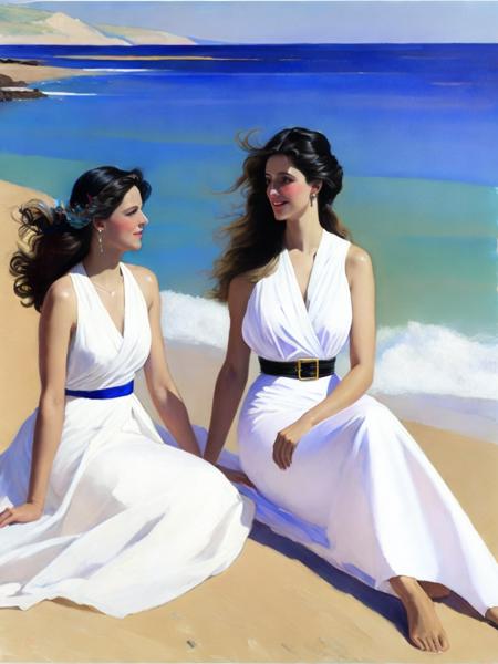 <lora:JohnSingerSargent:1>a painting of two women in white dresses sitting on a beach next to the ocean by John Singer Sargent