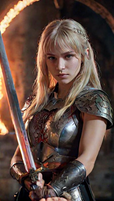 Wide angle photo of a Ukrainian teen with long blonde hair, bangs cut just above the brow. Right arm only is covered with dragon scales, clawed right hand is holding a long sword, sword blade is aflame with an unnatural red glow. Same red glow is streaming from her eyes. Circular portal in background. Portal borders have the same unnatural red glow that comes from the sword and eyes. Cinematic, 4k, radiant, high resolution, elaborate, photorealistic, detailed.