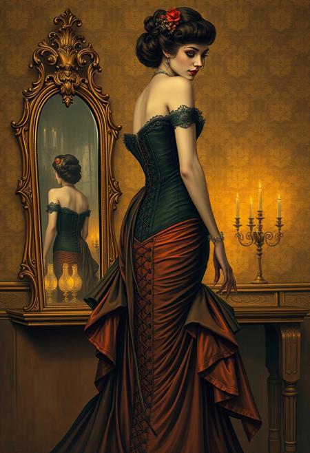 Victorian Surrealism , Victorian corset gown, surreal elongated proportions, antique mirror reflections, faded floral wallpaper, mysterious glowing artifacts, soft sepia and gold palette, Belle Époque nightlife, expressive linework, vivid palette, cabaret performers, Parisian cafés, dynamic poses, loose brushwork, theatrical ambiance, Japanese print influence, poster design aesthetics, candid compositions, caricature realism fusion, graphic elegance, late 19th-century urban life
