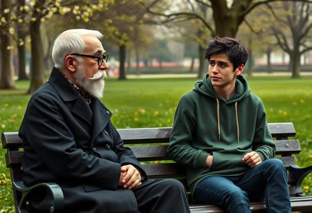 A highly detailed, semi-realistic 3D digital illustration style, long distance, full body front view of an dignified and wise writer sitting on a bench in the park talking to a man in his 20's. The writer's short white hair is combed back from his forehead, revealing a slightly receding hairline. A neatly groomed white beard, Long  sideburns. Mustache neatly curved along his upper lip. Chiseled, narrow face with a strong jawline and prominent cheekbones. Thick, arched eyebrows sit above round, black-framed glasses on his sharp, narrow nose. His pale, healthy skin shows fine lines that reflect his experiences, with a slight rosiness in his cheeks. He wears a long black trenchcoat.  The young man has medium build, almost scroungy. The young man has  tousled black hair, long in the front. He's wearing green hoodie and and jeans. Green Park, Spring, cold weather.