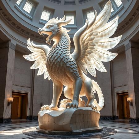 Create an image of a large statue of a mythical creature resembling a griffin, symbolizing the wildness and fury of the elements and nature. The statue is made of translucent stone, which gives it a mysterious and majestic appearance. It is housed in a spacious museum hall, where soft lighting highlights its intricate details and creates a play of light and shadow. In some places, the statue appears translucent, which enhances its airiness. Around the statue, you can see the interior elements of the museum, such as marble floors and high ceilings, which emphasize its grandeur.