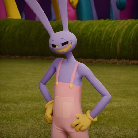 JaxAmazing , grassy outdoors background , evil smile , yellow gloves , hands on hips,bunny man, purple fur fluffy, sony a7 color graded, realistic , close up shot , amazing lighting <lora:JaxAmazingLora-000009:0.8>