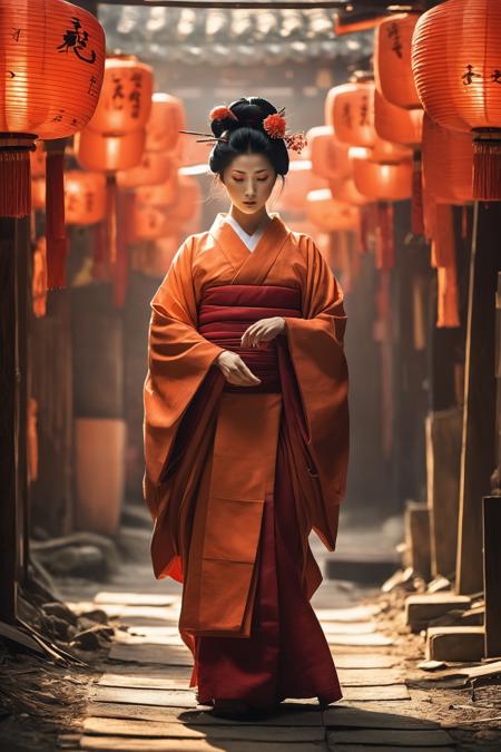 Geisha in a chaotic,  naturally-lit environment devoid of spiritual symbols and scientific elements,  obscured in shades of firing orange and red