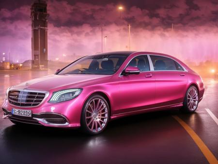 mastrepice, best quality, mercedes s-class, x222, 1car, (pink:1.2), night, road background, rainy,  official art,extremely detailed CG unity 8k wallpaper, high detail, Sharp focus, (photorealism), realistic, best quality, 8k, award winning, dramatic lighting, epic, cinematic, masterpiece   <lora:MERCEDESMAYBACHSClassX222:0.7>