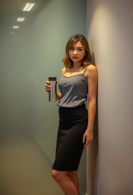 pretty young woman, boss lady, standing and leaning against office room wall, ((holding a thermos of hot coffee)), BREAK, ( (forehead, yellowish-brown hair, medium hair), (necklace), (earrings) ), BREAK, (( (gray pinstriped babydoll camisole top ), (black pencil mini skirt), (black heel sandals) )) , BREAK, (1girl, solo, full body), (best quality,4k,8k,highres,masterpiece:1.2),ultra-detailed,(realistic,photo-realistic:1.37),cinematic lighting,moody lighting,dramatic shadows,vibrant colors, (expressive eyes, perfect face, perfect anatomy), BREAK, (( (gray pinstriped babydoll camisole top ), (black pencil mini skirt), (black heel sandals) ))