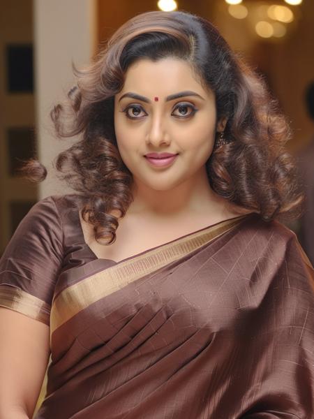 portrait photo of Meena woman, solo, curls hair cut, , looking at the camera,  Brown saree and blouse, night time, contrasting background bokeh,   <lora:Meena_SDXL_LoRA_prodigy_local_xformers_HNE:1>